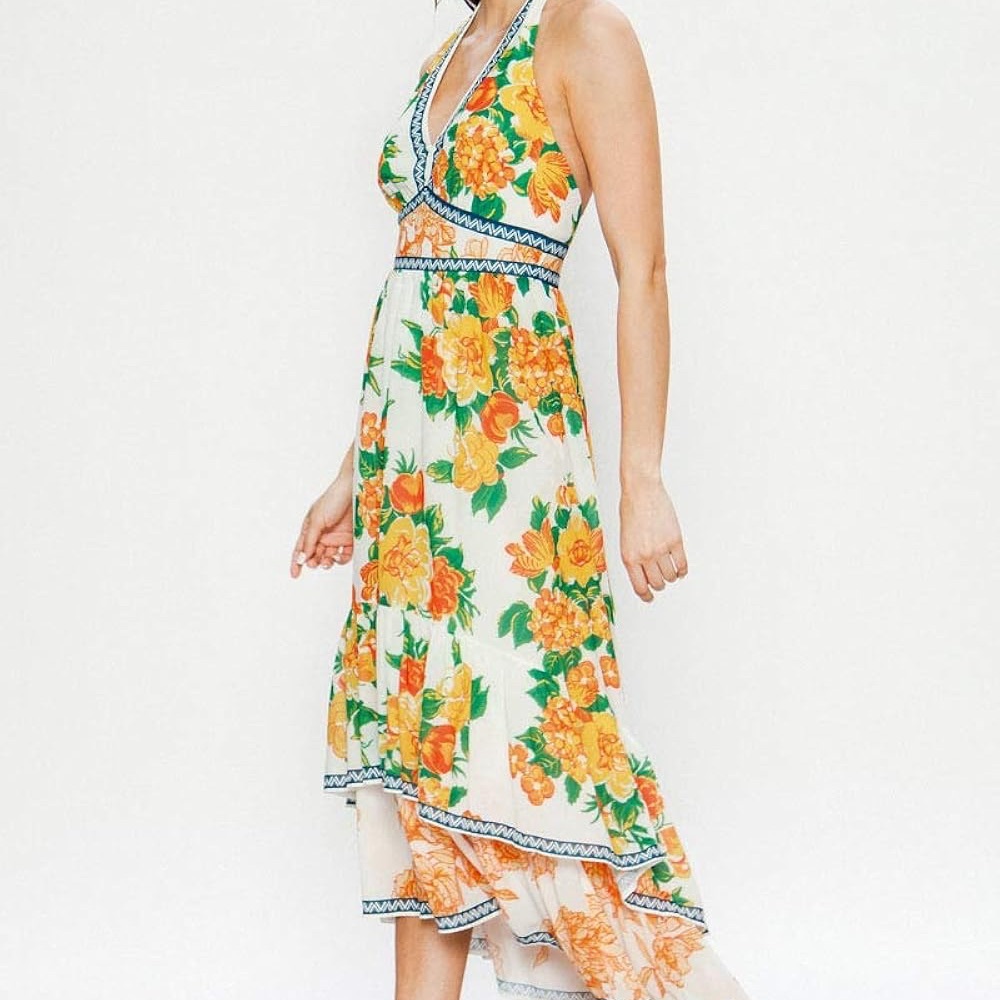 Floral Halter Maxi Dress - Italy floral Orange and Green